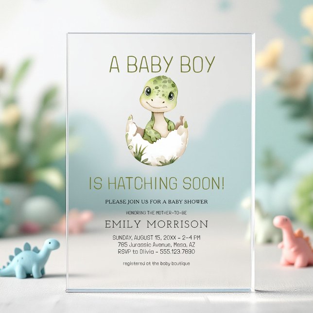 Cute Dinosaur Hatching Soon Baby Boy Shower Acrylic Invitations (Creator Uploaded)