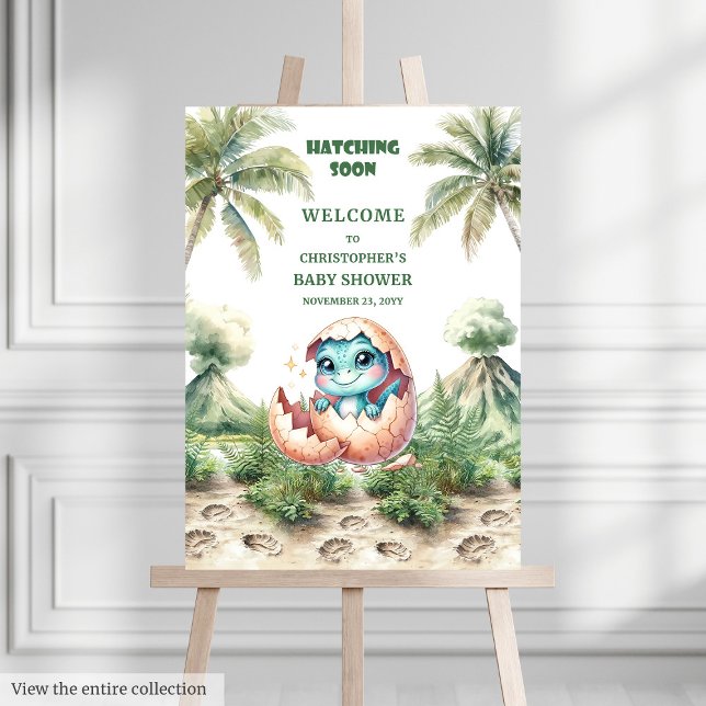 Cute Dinosaur Hatching Soon Baby Shower Sign (Hatching Soon Welcome Sign Baby Shower Dino)