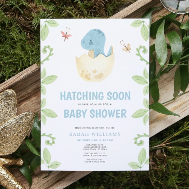 Cute Dinosaur Hatching Soon Blue Boy Baby Shower Invitation (Get ready for a Jurassic celebration with our adorable dinosaur baby shower invitations! 🦕)