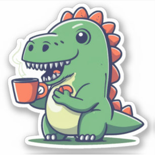 Cute Dinosaur Holding a Cup of Coffee Sticker