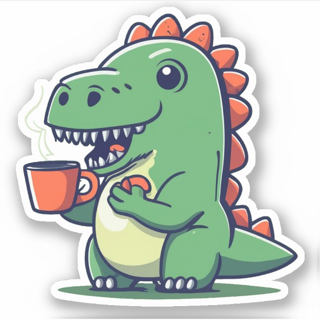 Cute Dinosaur Holding a Cup of Coffee Sticker (Front)
