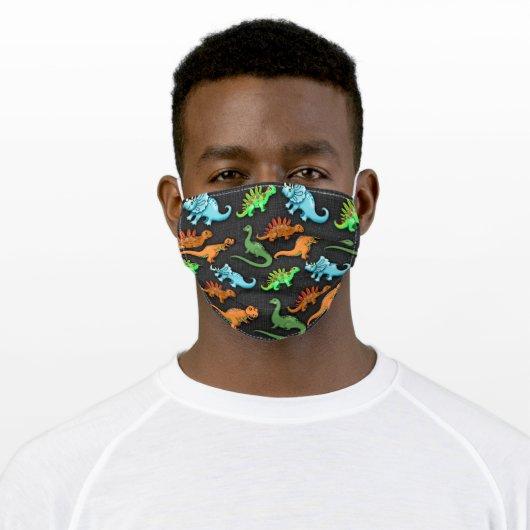 Cute Dinosaur Illustrations on Grey Background Adult Cloth Face Mask (Worn)