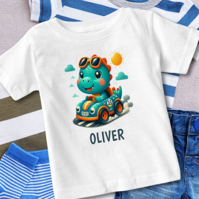 Cute Dinosaur in a Racing Car Personalized Baby T-Shirt (Creator Uploaded)