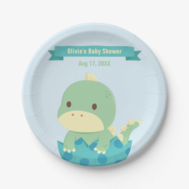 Cute Dinosaur in Egg Baby Shower Party Supplies Paper Plates (Front)