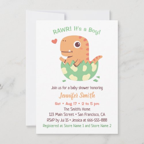 Cute Dinosaur In Egg Rawr Its A Boy Baby Shower Invitation
