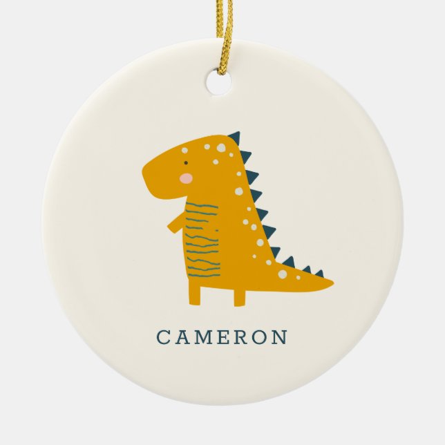 Cute Dinosaur in Yellow Personalized  Ceramic Ornament (Front)