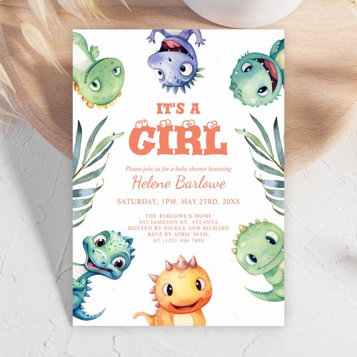Cute Dinosaur Its A Girl Baby Shower Invitation