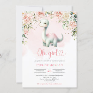 Cute Dinosaur It's a Girl floral Baby Shower Invitation
