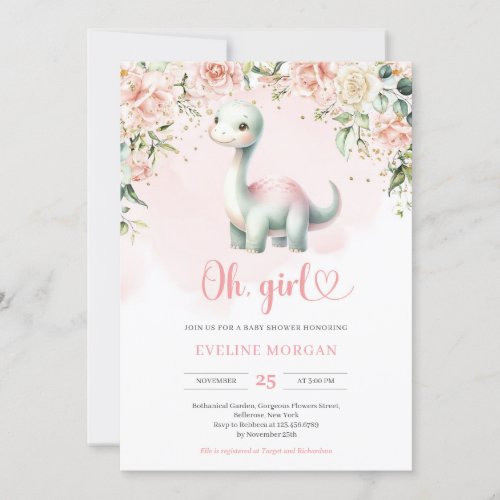 Cute Dinosaur Its a Girl floral Baby Shower Invitation