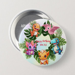 Cute dinosaur jungle School kid birthday party boy Button