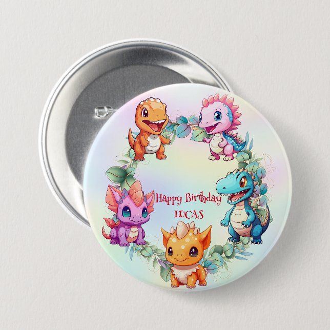 Cute dinosaur jungle School kid birthday party boy Button (Front & Back)