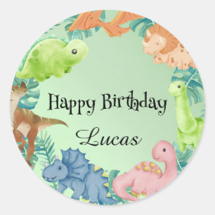 Cute dinosaur jungle School kids Birthday party Classic Round Sticker