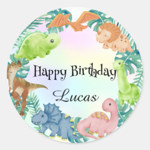 Cute dinosaur jungle School kids Birthday party Classic Round Sticker