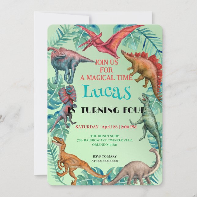 Cute dinosaur jungle School kids Birthday party  Invitation (Front)