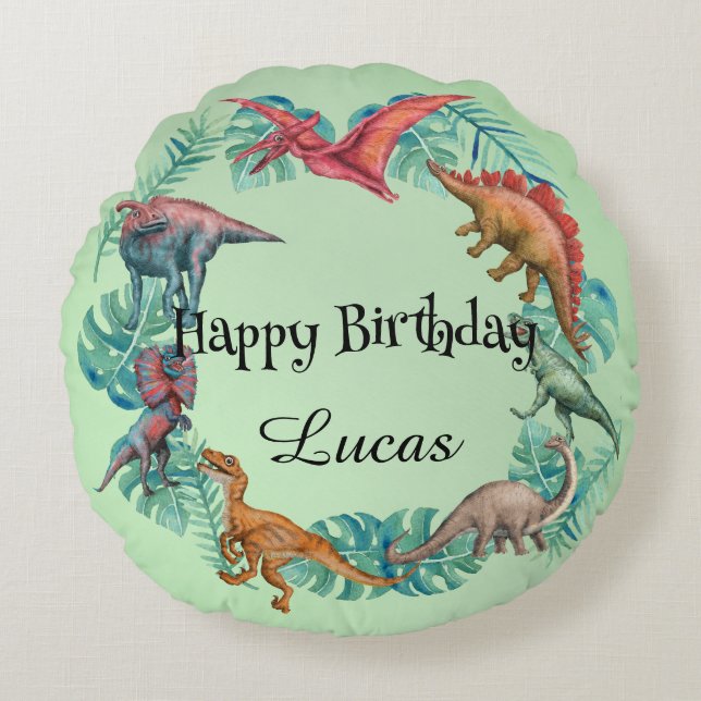 Cute dinosaur jungle School kids Birthday party  Round Pillow (Front)