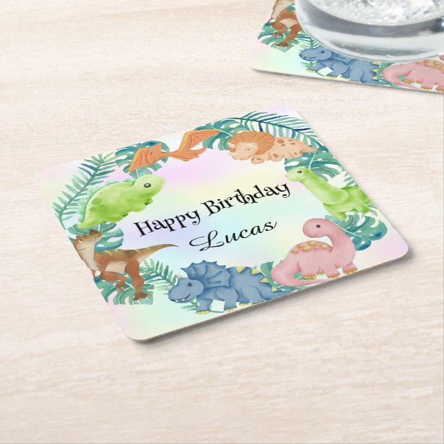 Cute dinosaur jungle School kids Birthday party  Square Paper Coaster (Angled)