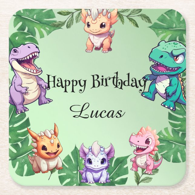 Cute dinosaur jungle School kids Birthday party  Square Paper Coaster (Front)