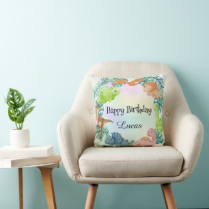 Cute dinosaur jungle School kids Birthday party Throw Pillow