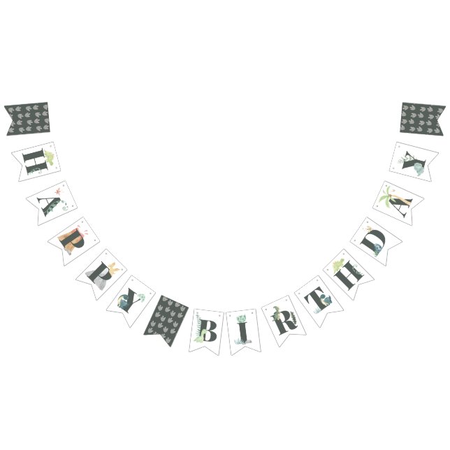 Cute Dinosaur Jungle Watercolor Boy Happy Birthday Bunting Flags (All)