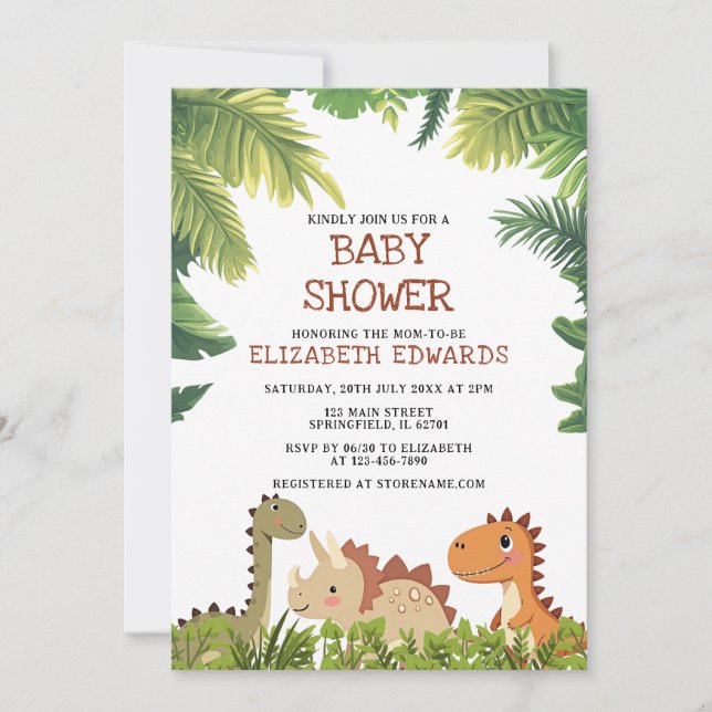 Cute Dinosaur Jurassic Greenery Baby Shower Invitation (Front)