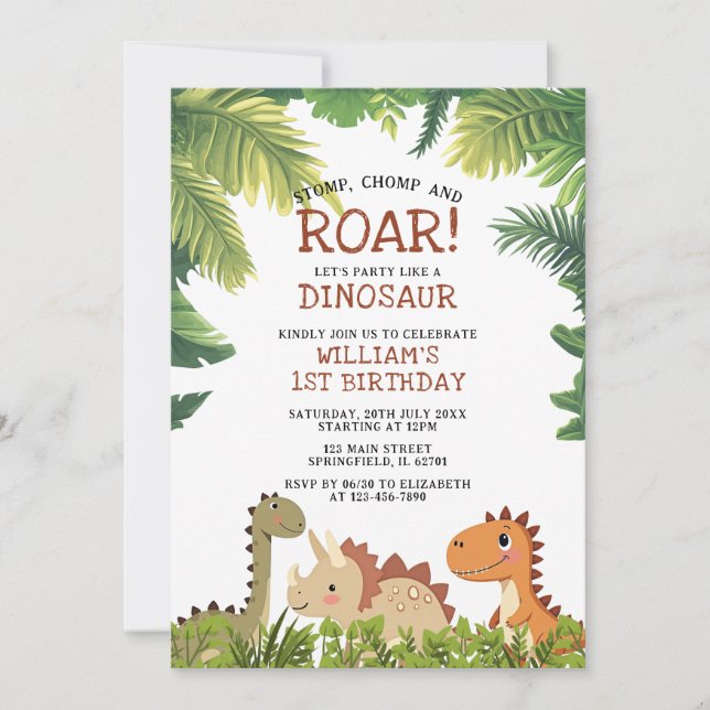 Cute Dinosaur Jurassic Greenery Birthday Party Invitation (Front)