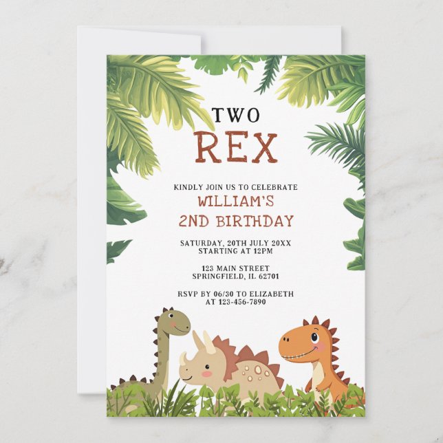 Cute Dinosaur Jurassic Two Rex 2nd Birthday Party Invitation (Front)