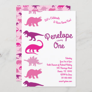 Cute Dinosaur Kids 1st Birthday Pink Dino Party Invitation