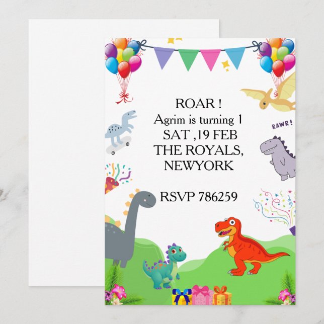 Cute Dinosaur Kids Birthday Invitation (Front/Back)