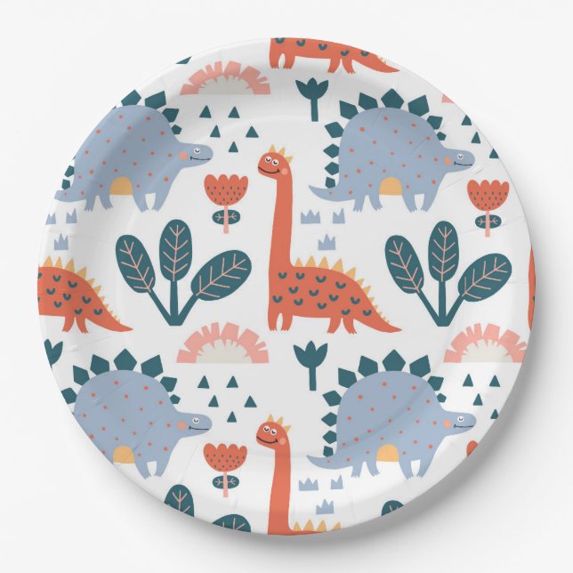 Cute Dinosaur Kids Birthday Party Paper Plates (Front)