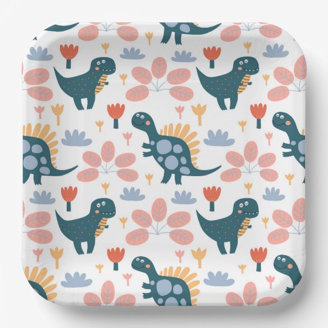 Cute Dinosaur Kids Birthday Party Paper Plates (Front)