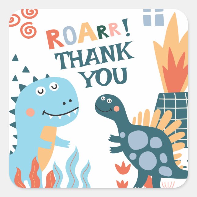 Cute Dinosaur Kids Birthday Party Thank You Square Sticker (Front)