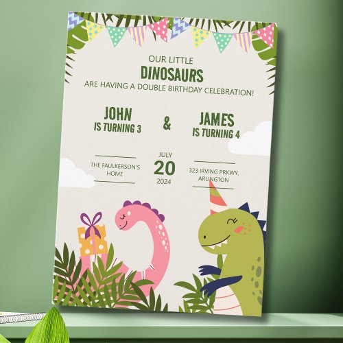 Cute Dinosaur Kids Double Birthday Celebration  Invitation