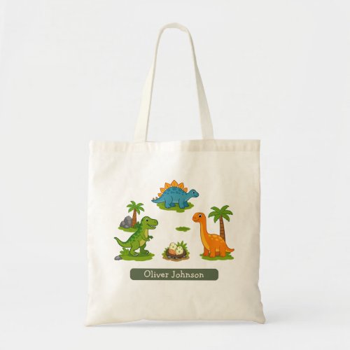 Cute Dinosaur Kids Name School Tote Bag