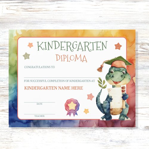 Cute Dinosaur Kindergarten Diploma Certificate 