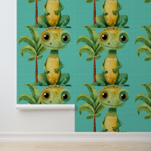 Cute dinosaur lizard palm tree kids watercolor wallpaper