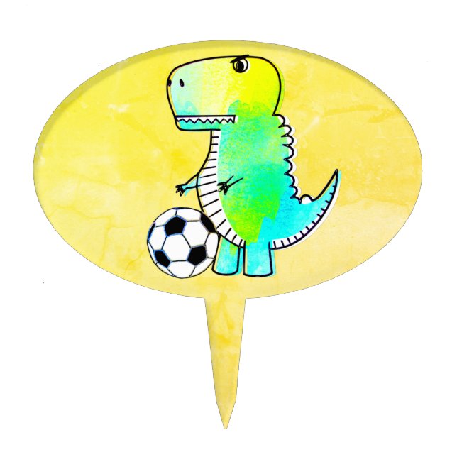 Cute Dinosaur Loves Soccer Watercolor Cake Topper (Front)