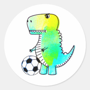 Cute Dinosaur Loves Soccer Watercolor Classic Round Sticker