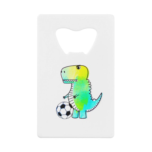 Cute Dinosaur Loves Soccer Watercolor Credit Card Bottle Opener (Front)