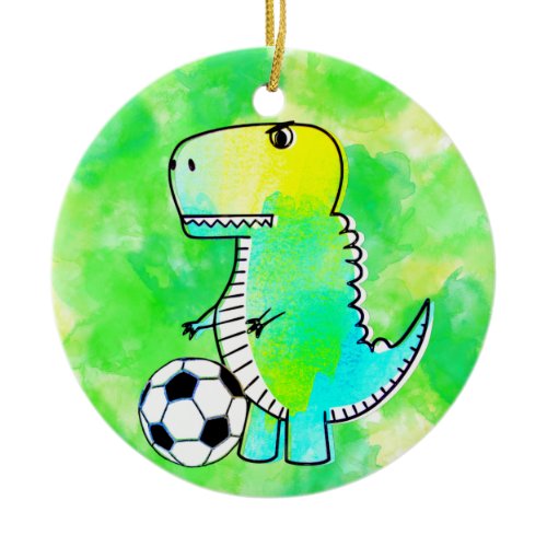 Cute Dinosaur Loves Soccer Watercolor Custom Ceramic Ornament