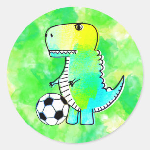 Cute Dinosaur Loves Soccer Watercolor Custom Classic Round Sticker