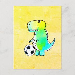 Cute Dinosaur Loves Soccer Watercolor Postcard
