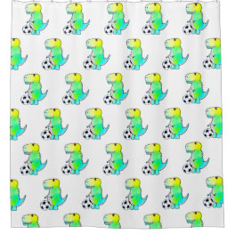 Cute Dinosaur Loves Soccer Watercolor Shower Curtain