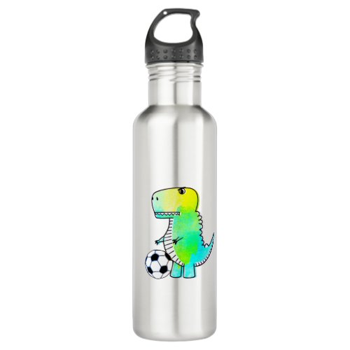 Cute Dinosaur Loves Soccer Watercolor Stainless Steel Water Bottle