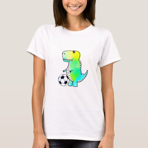Cute Dinosaur Loves Soccer Watercolor T_Shirt