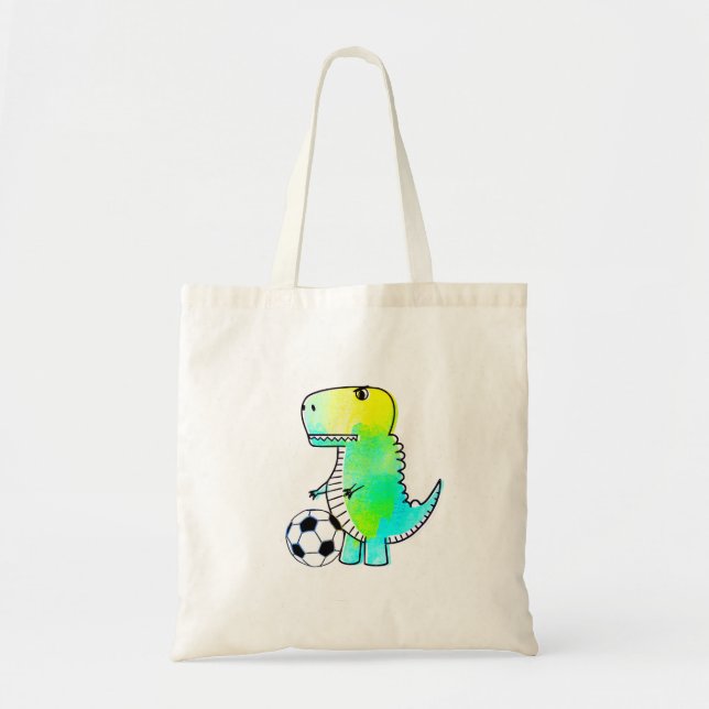 Cute Dinosaur Loves Soccer Watercolor Tote Bag (Front)