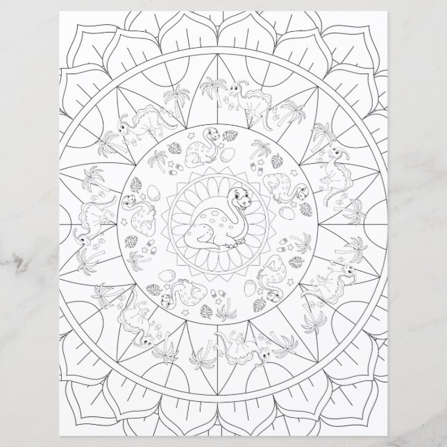 Cute Dinosaur Mandala Kids Coloring Page (Front)