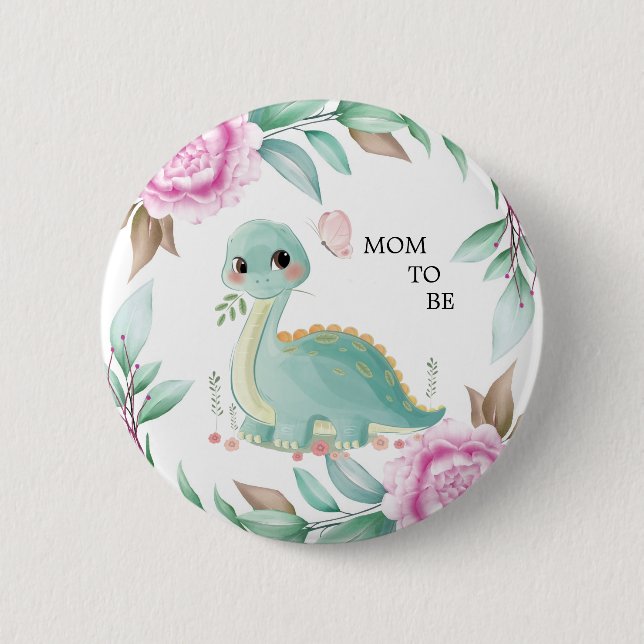 Cute Dinosaur Mom To Be Baby Shower Button (Front)