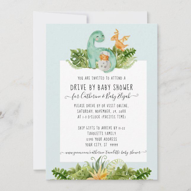 Cute Dinosaur Mommy Foliage Baby Drive By Shower I Invitation (Front)