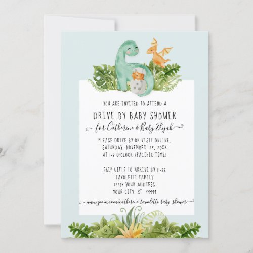 Cute Dinosaur Mommy Foliage Baby Drive By Shower I Invitation
