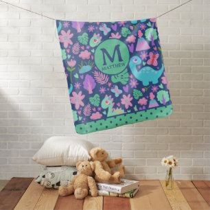 Cute Dinosaur Monogram Polka Dot Pattern Baby Blanket